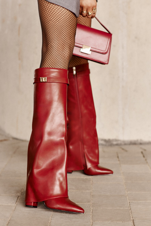 moteriški ilgaauliai batai Eko   Z Wywiniętą Cholewką su kulniukais bordo spalvos Avamora