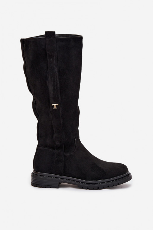 Šilti ilgaauliai batai Na płaskim Obcasie iš eko zomšosowe Juodos spalvos Delyssa