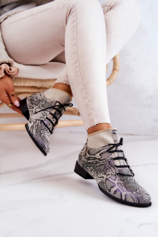 Moteriški aulinukai iš zomšos  su gyvatės odos imitacija  04744-03 smėlio spalvos