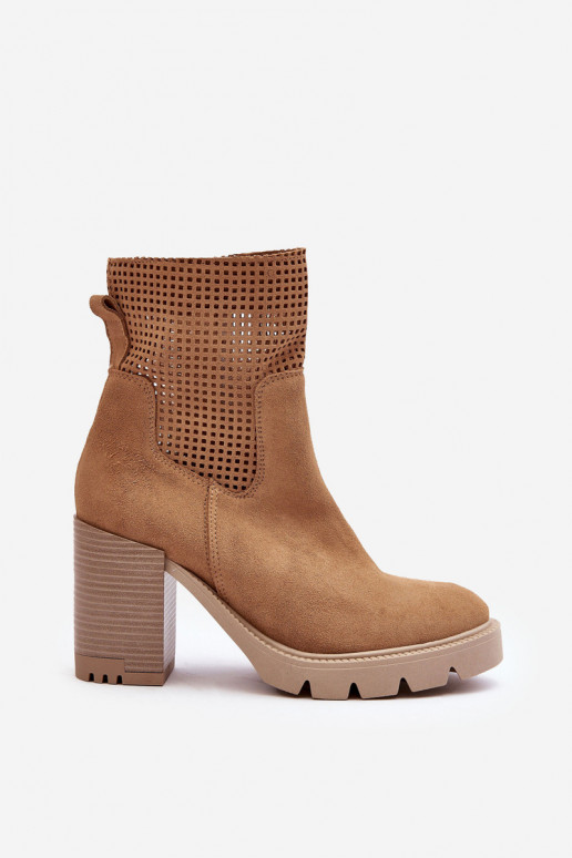 Zomšiniai ažūriniai aulinukai su kulnu rudos spalvos  3386