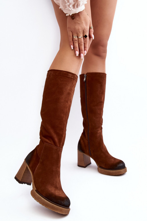 iš zomšos moteriški ilgaauliai batai su kulniukais  Lemar tamsiai rudos spalvos Ceraxa