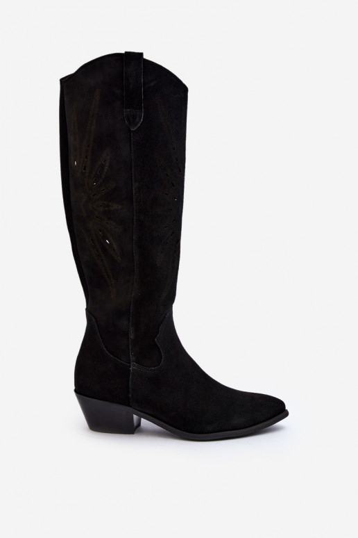 Zazoo 2909 iš zomšos ilgaauliai batai su aužūro elementais žemu kulniuku Juodos spalvos