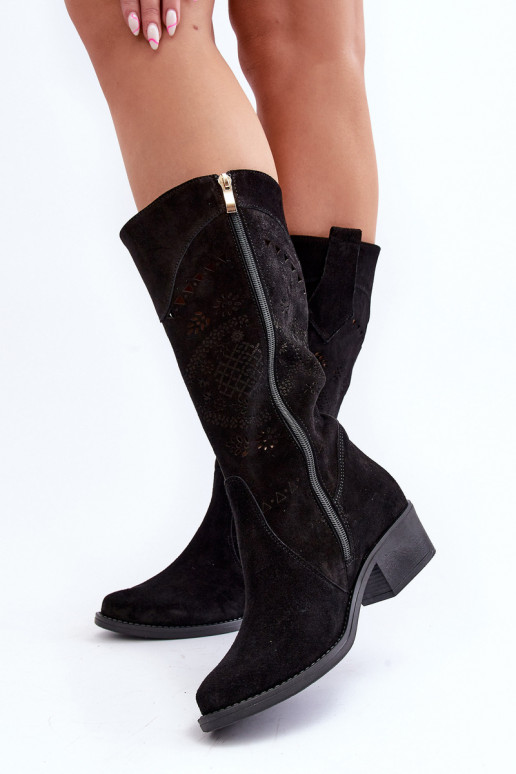 Zazoo 4043 iš zomšos ilgaauliai batai žemu kulniuku su aužūro elementais Juodos spalvos