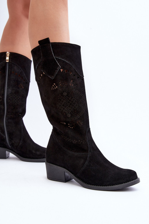 Zazoo 4043 iš zomšos ilgaauliai batai žemu kulniuku su aužūro elementais Juodos spalvos