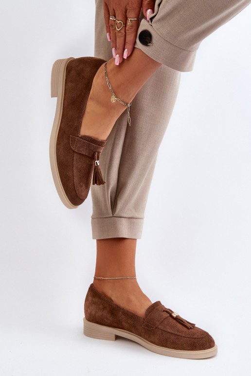 Zazoo 3420 Zomšiniai mokasinai  su plačiais kulniukais rudos spalvos