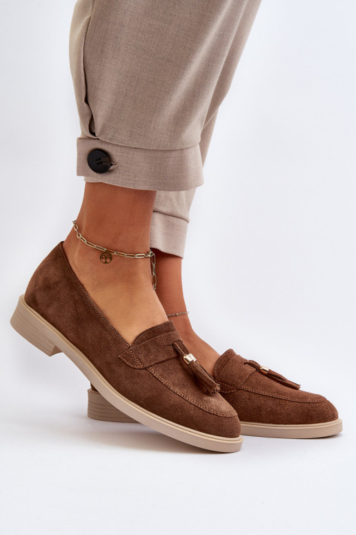 Zazoo 3420 Zomšiniai mokasinai  su plačiais kulniukais rudos spalvos