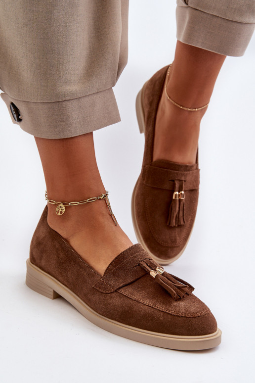 Zazoo 3420 Zomšiniai mokasinai  su plačiais kulniukais rudos spalvos