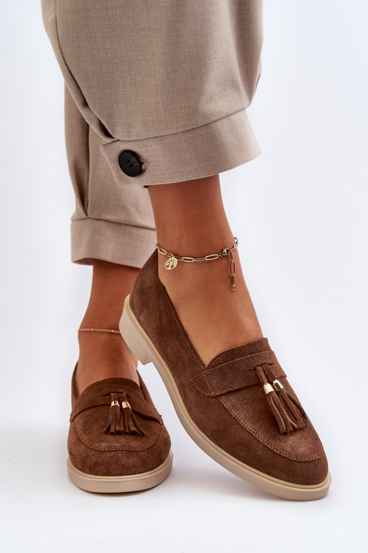 Zazoo 3420 Zomšiniai mokasinai  su plačiais kulniukais rudos spalvos