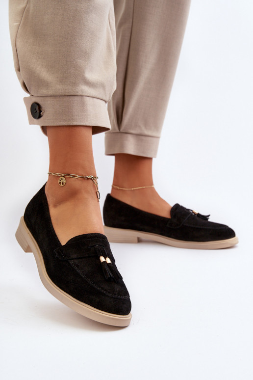 Zazoo 3420 Zomšiniai mokasinai  su plačiais kulniukais Juodos spalvos