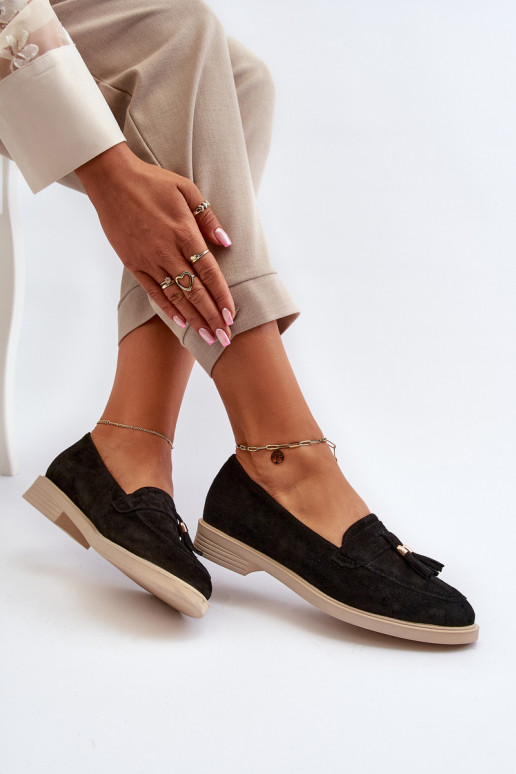 Zazoo 3420 Zomšiniai mokasinai  su plačiais kulniukais Juodos spalvos