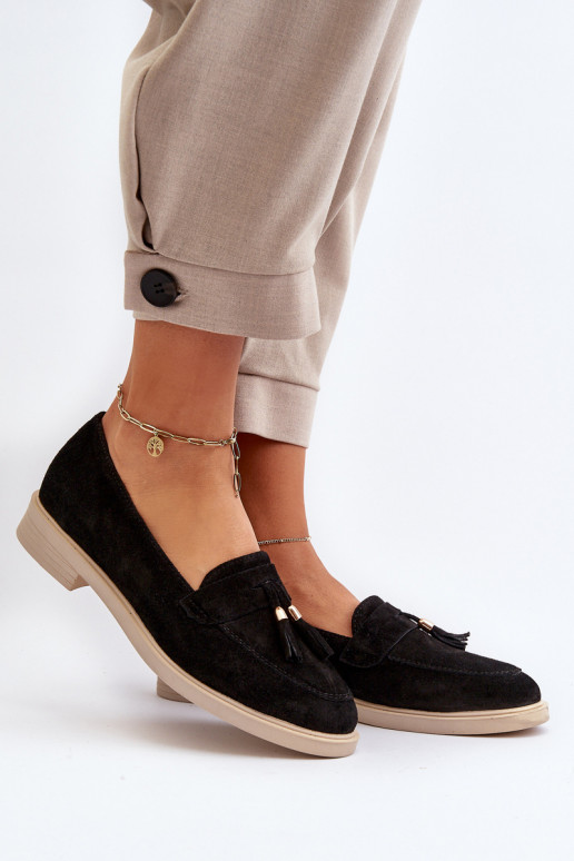 Zazoo 3420 Zomšiniai mokasinai  su plačiais kulniukais Juodos spalvos