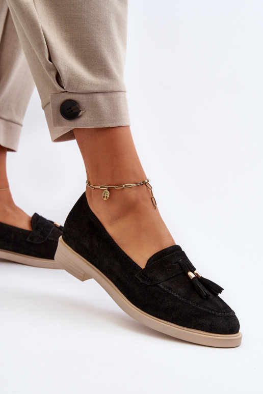 Zazoo 3420 Zomšiniai mokasinai  su plačiais kulniukais Juodos spalvos