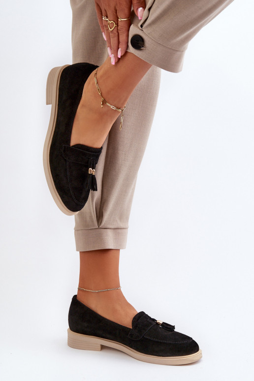 Zazoo 3420 Zomšiniai mokasinai  su plačiais kulniukais Juodos spalvos