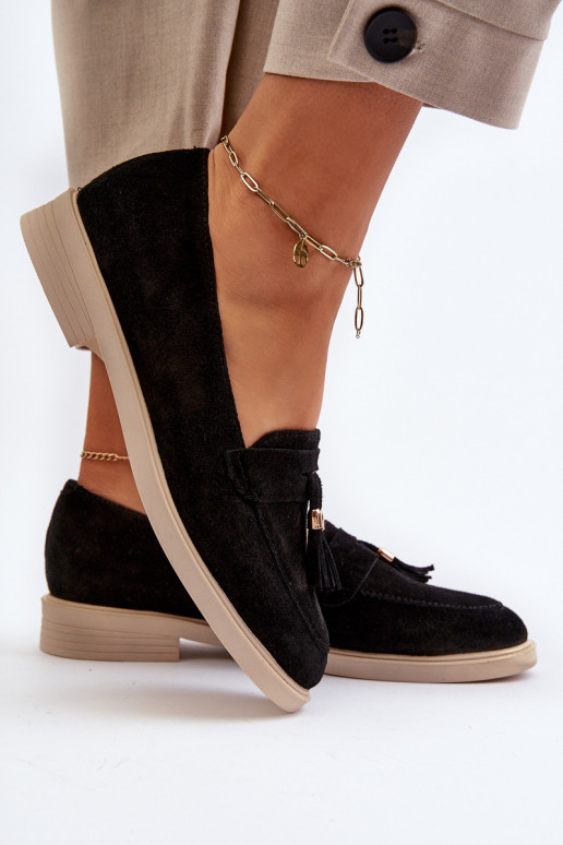 Zazoo 3420 Zomšiniai mokasinai  su plačiais kulniukais Juodos spalvos