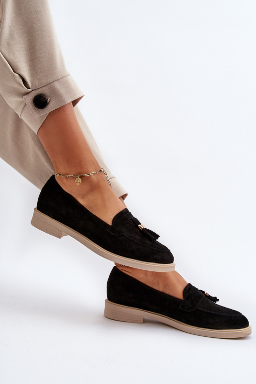 Zazoo 3420 Zomšiniai mokasinai  su plačiais kulniukais Juodos spalvos