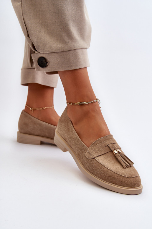 Zazoo 3420 Zomšiniai mokasinai  su plačiais kulniukais smėlio spalvos