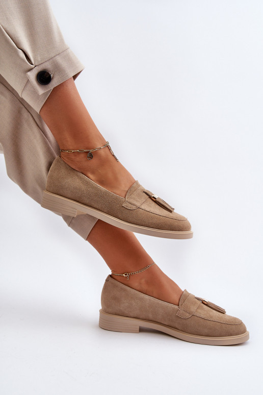 Zazoo 3420 Zomšiniai mokasinai  su plačiais kulniukais smėlio spalvos