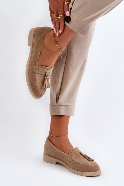 Zazoo 3420 Zomšiniai mokasinai  su plačiais kulniukais smėlio spalvos