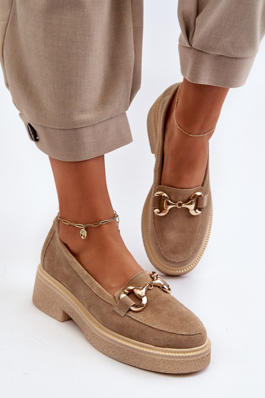 Zazoo 3429 Zomšiniai mokasinai  su ornamentais smėlio spalvos