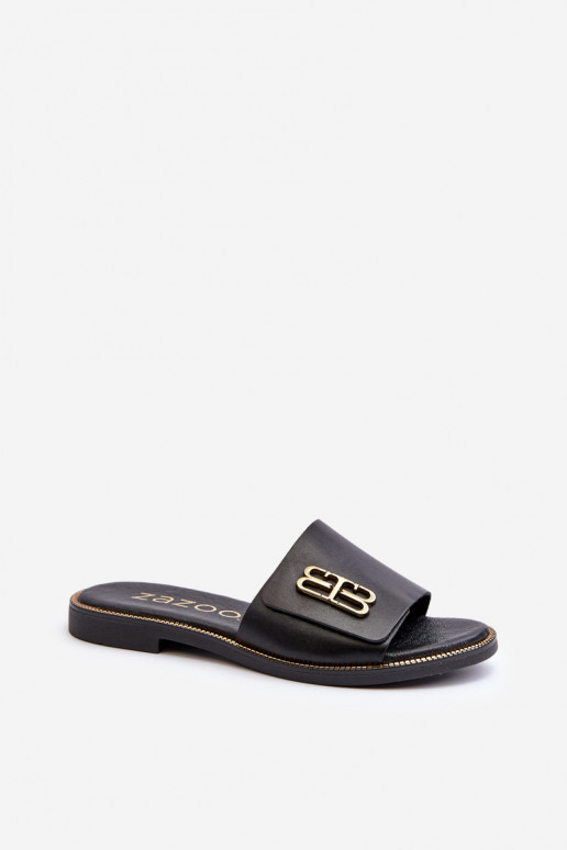 Zazoo 40384 elegantiškos odinės moteriškos šlepetės juodos spalvos