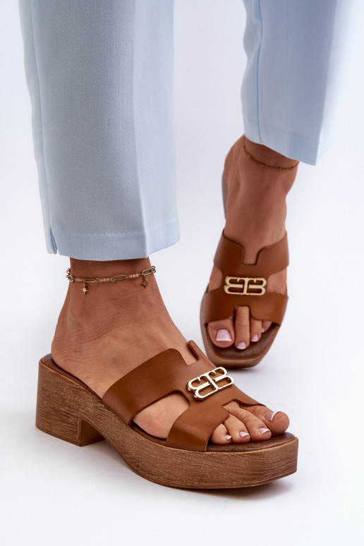 Zazoo 40412   Elegantiško stiliaus Moteriškos šlepetės su aukso spalvos detalėmis rudos spalvos