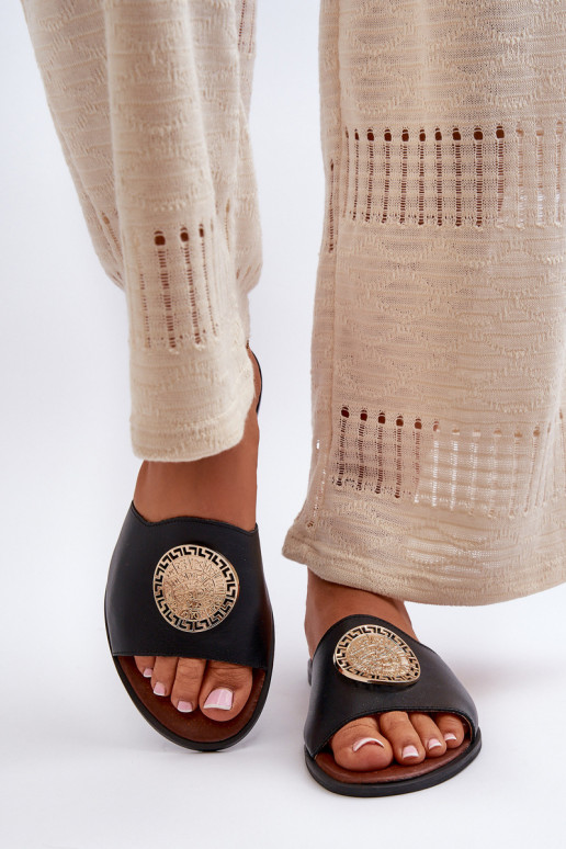 Zazoo 2938 Šlepetės su plačiais kulniukais su ornamentais Juodos spalvos