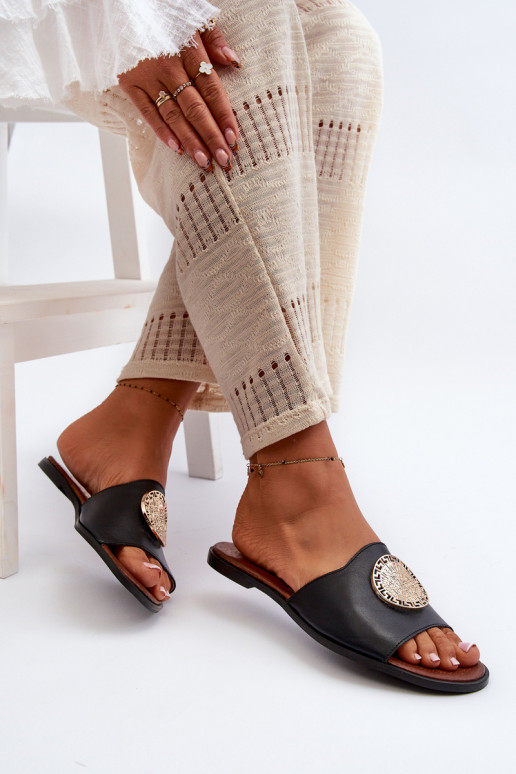 Zazoo 2938 Šlepetės su plačiais kulniukais su ornamentais Juodos spalvos