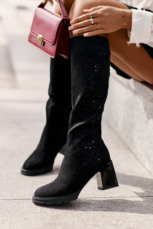 Dekoruotos moteriški ilgaauliai batai  pašiltinti su kulniukais MR880-158 Juodos spalvos