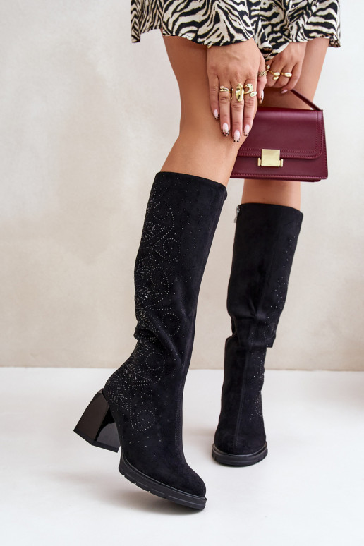 Dekoruotos moteriški ilgaauliai batai  pašiltinti su kulniukais MR880-158 Juodos spalvos