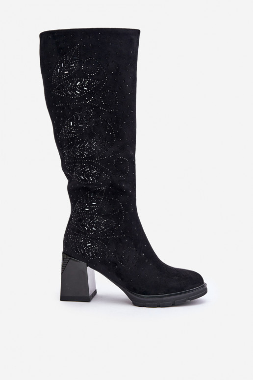 Dekoruotos moteriški ilgaauliai batai  pašiltinti su kulniukais MR880-158 Juodos spalvos