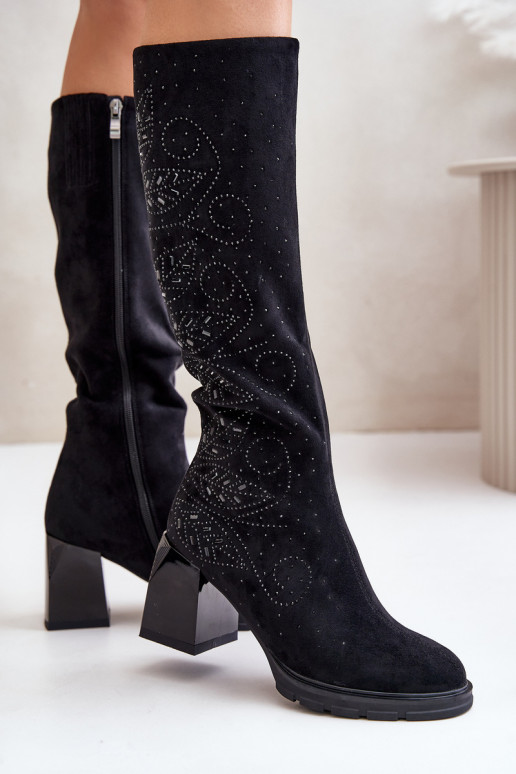 Dekoruotos moteriški ilgaauliai batai  pašiltinti su kulniukais MR880-158 Juodos spalvos