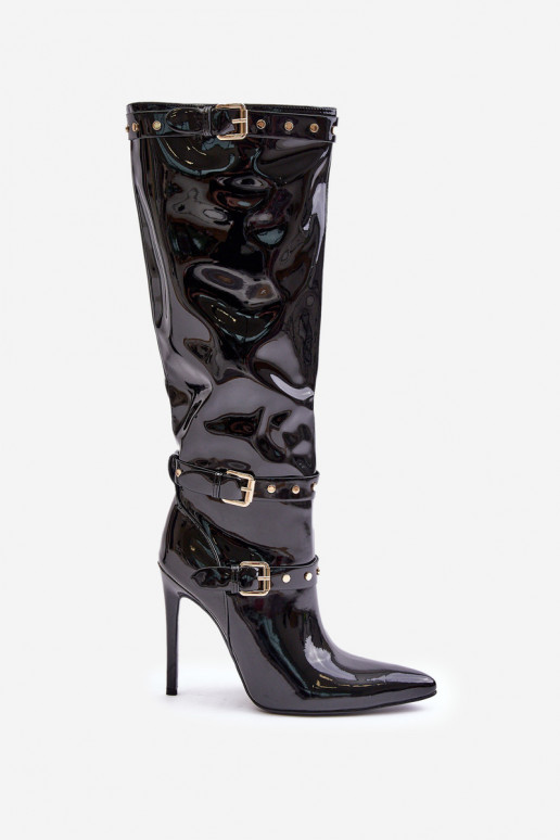 su lako efektu ilgaauliai batai su plonais kulniukais su sagtimis Juodos spalvos Emiraethe