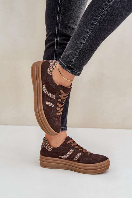 Zazoo N1176 iš zomšos  modelio batai su platforma su leopardo kailio raštais Czekoladowe