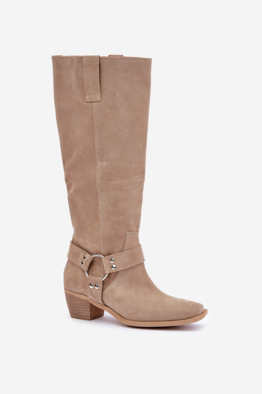 iš zomšos ilgaauliai batai žemu kulniuku su auliuku  Zazoo 3444/O dramblio kaulo spalvos