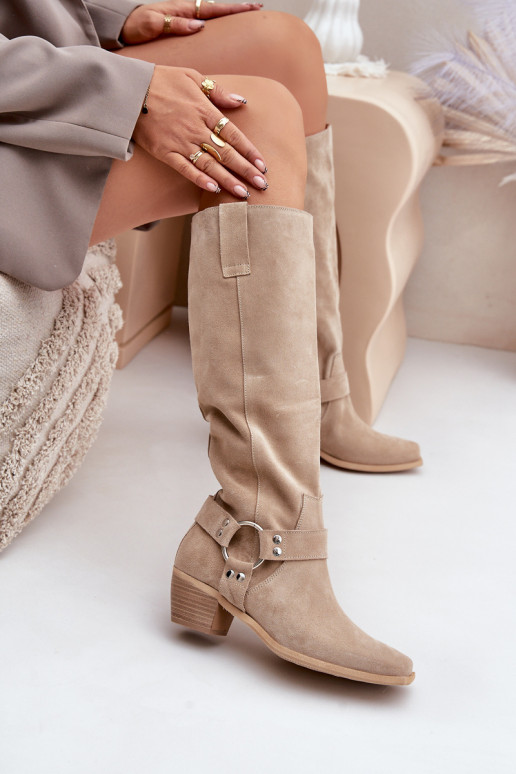 iš zomšos ilgaauliai batai žemu kulniuku su auliuku  Zazoo 3444/O dramblio kaulo spalvos