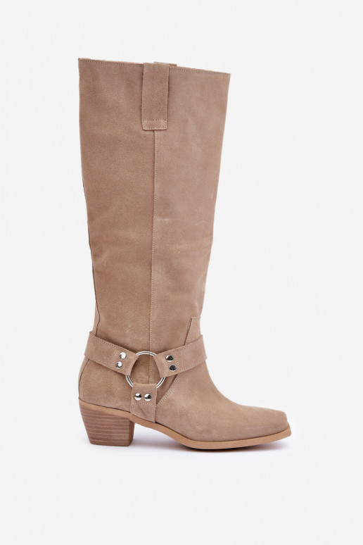 iš zomšos ilgaauliai batai žemu kulniuku su auliuku  Zazoo 3444/O dramblio kaulo spalvos