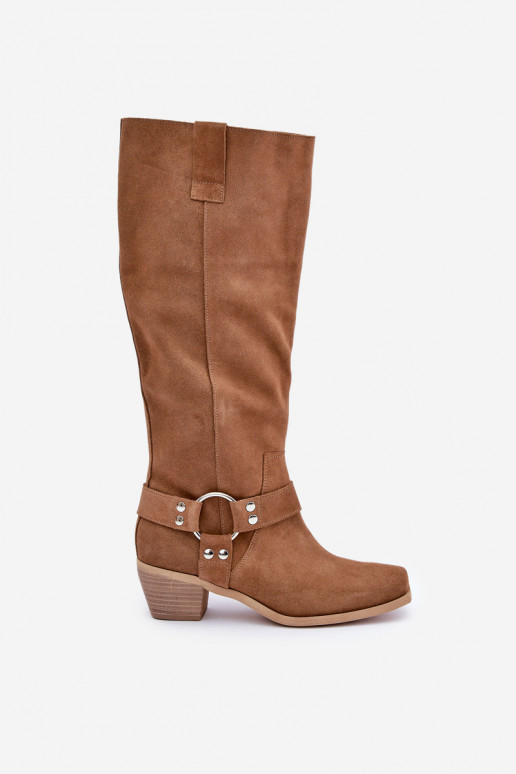 iš zomšos ilgaauliai batai žemu kulniuku su auliuku  Zazoo 3444/O Camel