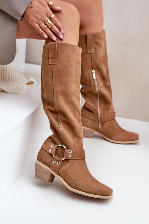 iš zomšos ilgaauliai batai žemu kulniuku su auliuku  Zazoo 3444/O Camel