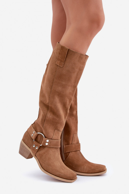 iš zomšos ilgaauliai batai žemu kulniuku su auliuku  Zazoo 3444/O Camel