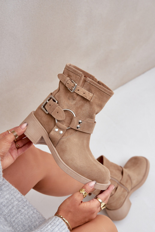 Zomšiniai batai  žemu kulniuku Klocku su juostelėmis Zazoo 3644 smėlio spalvos