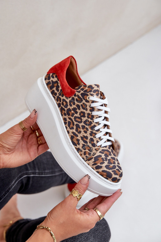 Odiniai sportiniai batai su platforma ir leopardo kailio raštais Zazoo 3346 rudos-raudonos spalvos
