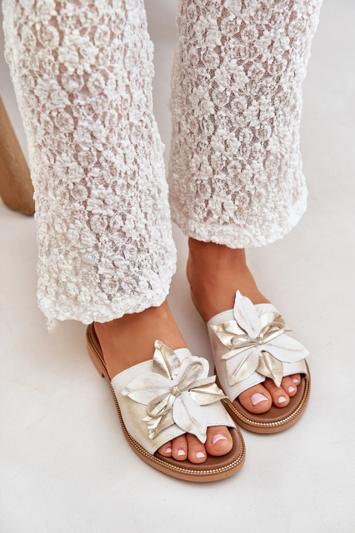 Šlepetės su ornamentais natūralios odos Zazoo 3667 aukso spalvos Przecierany