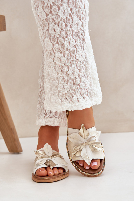 Šlepetės su ornamentais natūralios odos Zazoo 3667 aukso spalvos Przecierany