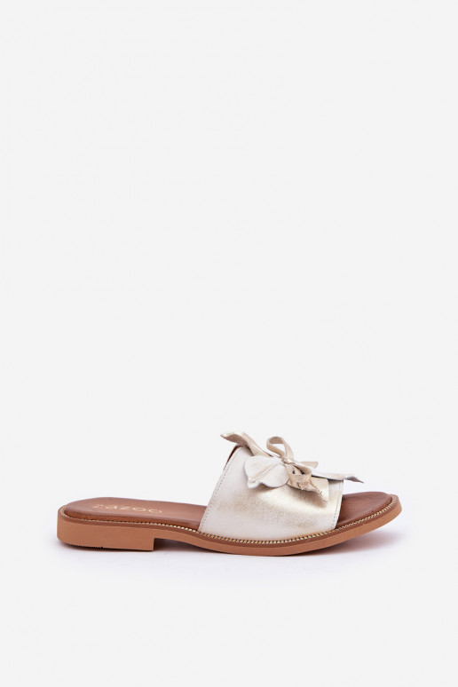 Šlepetės su ornamentais natūralios odos Zazoo 3667 aukso spalvos Przecierany