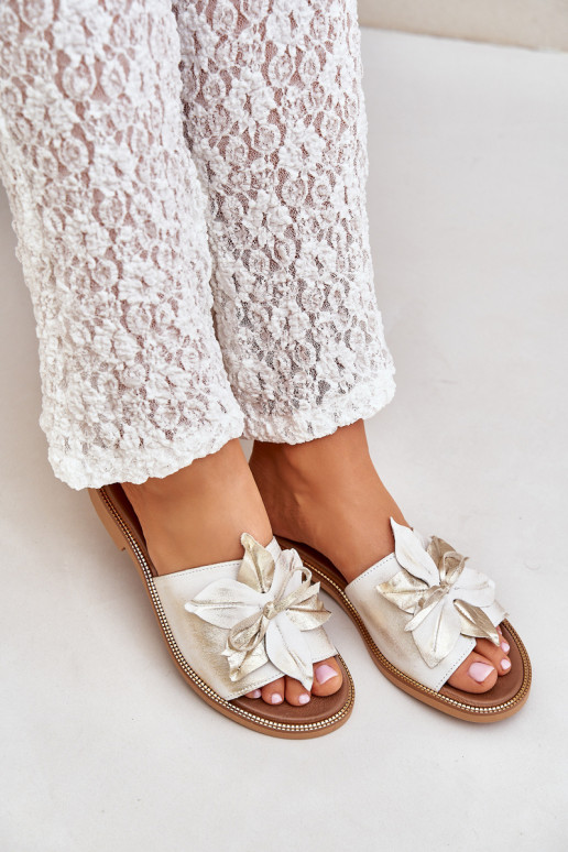 Šlepetės su ornamentais natūralios odos Zazoo 3667 aukso spalvos Przecierany