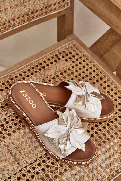 Šlepetės su ornamentais natūralios odos Zazoo 3667 aukso spalvos Przecierany