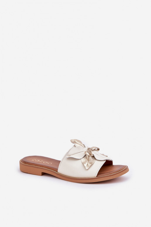 Šlepetės su ornamentais natūralios odos Zazoo 3667 baltos spalvos