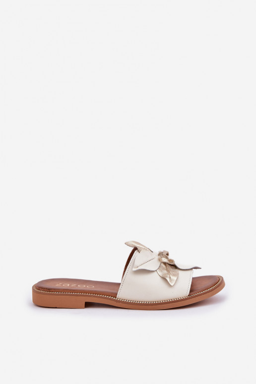 Šlepetės su ornamentais natūralios odos Zazoo 3667 baltos spalvos