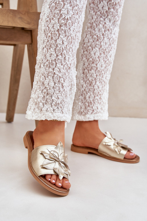 Šlepetės su ornamentais natūralios odos Zazoo 3667 aukso spalvos