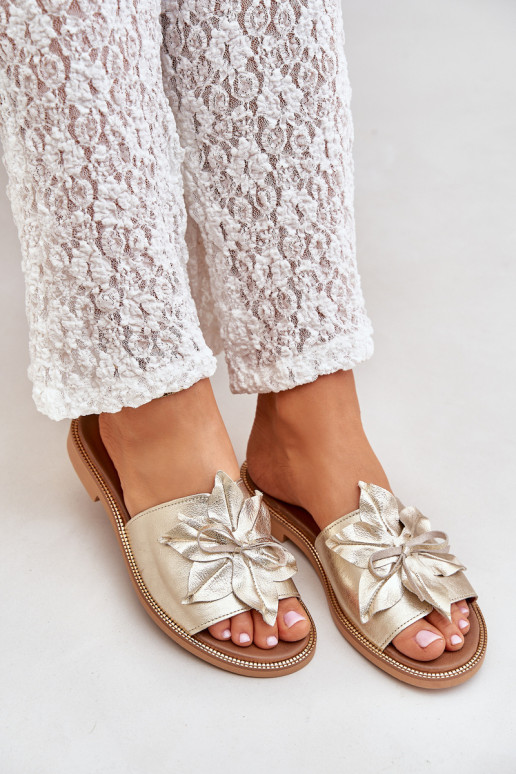 Šlepetės su ornamentais natūralios odos Zazoo 3667 aukso spalvos